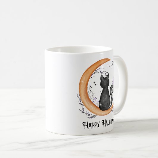 Schwarze Katze und Halbmond zu glücklichen Hallowe Kaffeetasse (VorderseiteRechts)