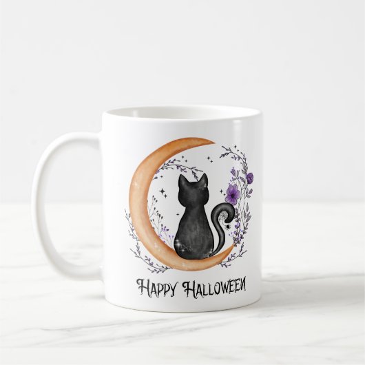 Schwarze Katze und Halbmond zu glücklichen Hallowe Kaffeetasse (Links)