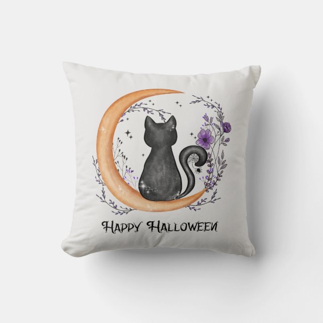 Schwarze Katze und Halbmond zu glücklichen Hallowe Kissen (Vorderseite)