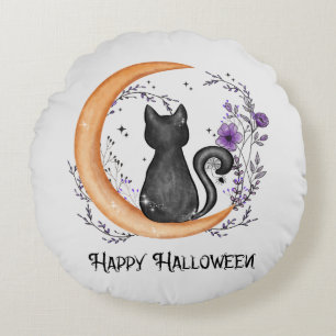 Schwarze Katze und Halbmond zu glücklichen Hallowe Rundes Kissen
