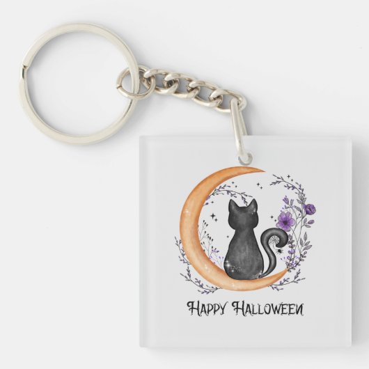 Schwarze Katze und Halbmond zu glücklichen Hallowe Schlüsselanhänger (Vorderseite)