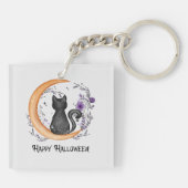 Schwarze Katze und Halbmond zu glücklichen Hallowe Schlüsselanhänger (Rückseite)