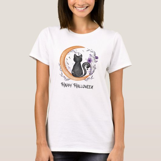 Schwarze Katze und Halbmond zu glücklichen Hallowe T-Shirt (Vorderseite)