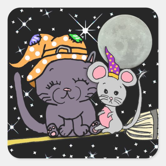 Schwarze Katze und Hexenmäuse auf Broom Halloween Quadratischer Aufkleber (Vorderseite)