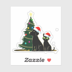 Schwarze Katze und Hund mit Weihnachtsmannmützen C Aufkleber