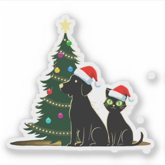 Schwarze Katze und Hund mit Weihnachtsmannmützen C Aufkleber (Vorderseite)