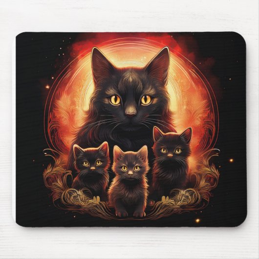 Schwarze Katze und ihre drei Kätzchen Mousepad (Vorne)