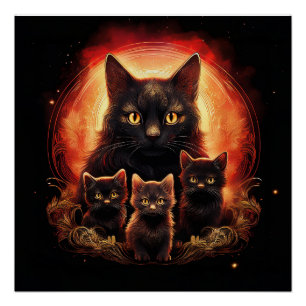 Schwarze Katze und ihre drei Kätzchen Poster