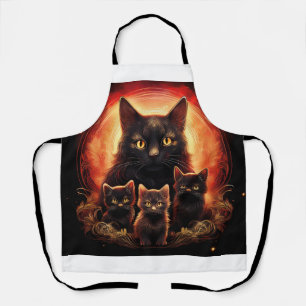 Schwarze Katze und ihre drei Kätzchen Schürze