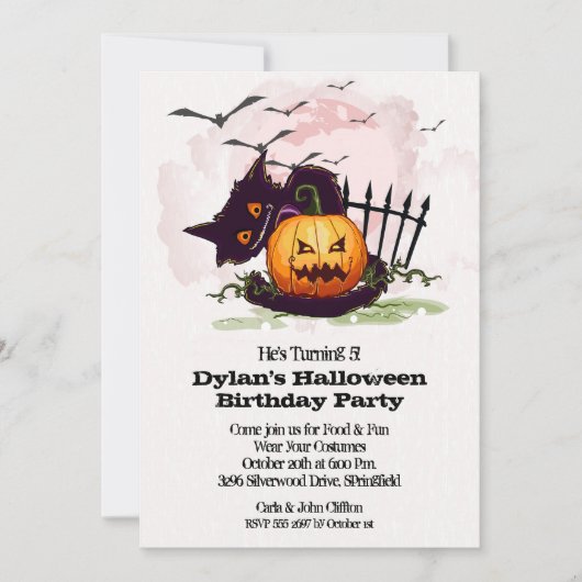Schwarze Katze und Jack o' Lantern Halloween Einladung (Vorderseite)