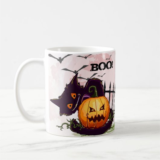 Schwarze Katze und Jack o' Lantern Halloween Kaffeetasse (Links)