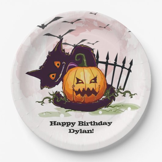 Schwarze Katze und Jack o' Lantern Halloween Pappteller (Vorderseite)