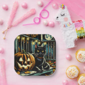 Schwarze Katze und Jack-O-Lantern Halloween Pappteller (Party)