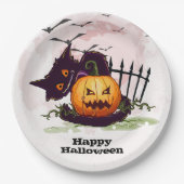 Schwarze Katze und Jack o' Lantern Halloween Pappteller (Vorderseite)