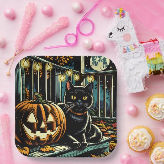 Schwarze Katze und Jack-O-Lantern Halloween Pappteller (Party)