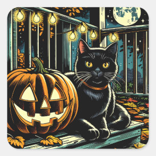Schwarze Katze und Jack-O-Lantern Halloween Quadratischer Aufkleber