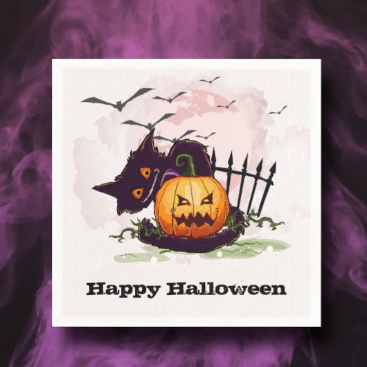Schwarze Katze und Jack o' Lantern Halloween Serviette