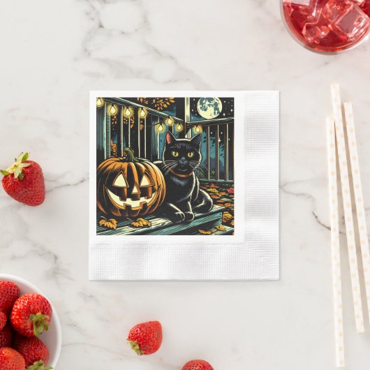 Schwarze Katze und Jack-O-Lantern Halloween Serviette (Beispiel)