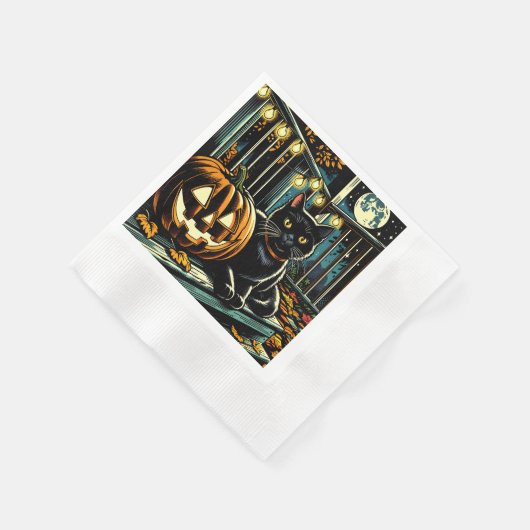 Schwarze Katze und Jack-O-Lantern Halloween Serviette (Ecke)