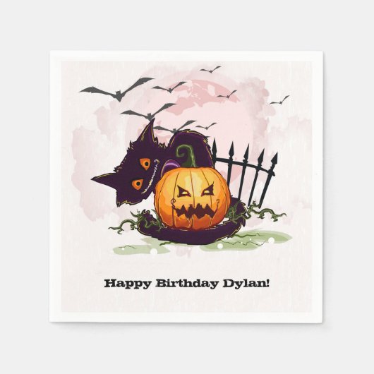 Schwarze Katze und Jack o' Lantern Halloween Serviette (Vorderseite)