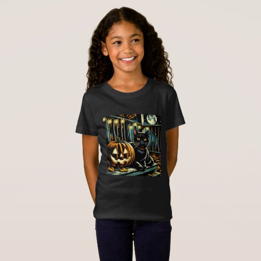 Schwarze Katze und Jack-O-Lantern Halloween T-Shirt (Vorne ganz)