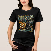 Schwarze Katze und Jack-O-Lantern Halloween Tri-Blend Shirt (Vorderseite)