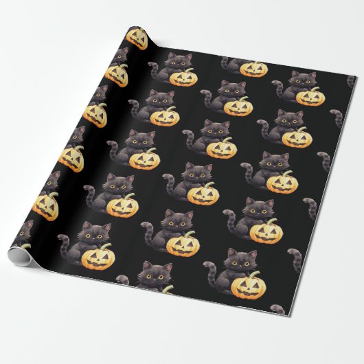 Schwarze Katze und Jack-O' Lantern Pattern Hallowe Geschenkpapier (Ungerollt)