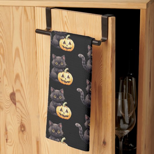 Schwarze Katze und Jack-O' Lantern Pattern Hallowe Geschirrtuch (Drittel gefaltet)
