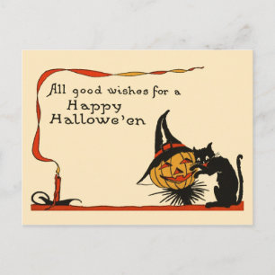 Schwarze Katze und Jack-o-Lantern Postkarte