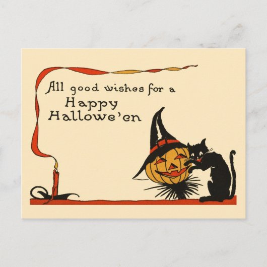 Schwarze Katze und Jack-o-Lantern Postkarte (Vorderseite)