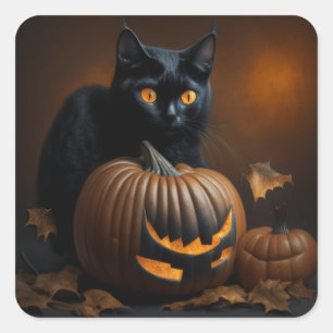 Schwarze Katze und Jack-O-Laterne Quadratischer Aufkleber