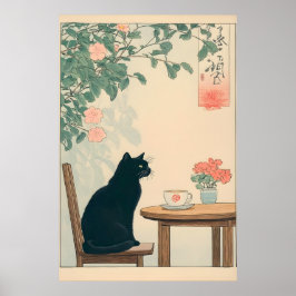 Schwarze Katze und Kaffee-Druck Ukiyo-e Japandi Ku Poster