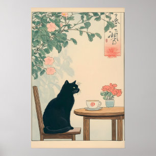Schwarze Katze und Kaffee-Druck Ukiyo-e Japandi Ku Poster