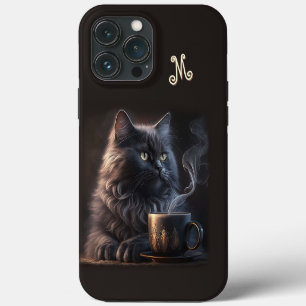 Schwarze Katze und Kaffee mit Monogramm iPhone 13 Pro Max Hülle