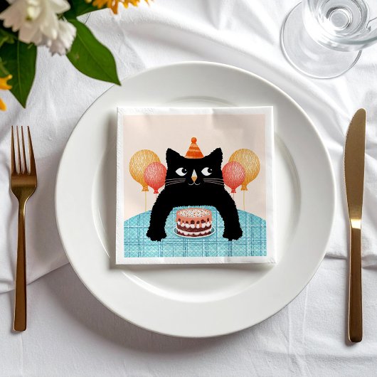 Schwarze Katze und Kuchen Serviette