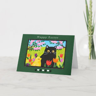 Schwarze Katze und Küken im Blumen Garten Süßes Os Karte
