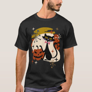 Schwarze Katze und Kürbis Atomic Retro Halloween T-Shirt