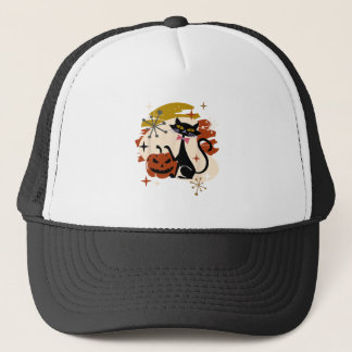 Schwarze Katze und Kürbis Atomic Retro Halloween Truckerkappe