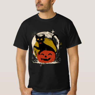 Schwarze Katze und Kürbis Atomic Retro Vintage Hal T-Shirt
