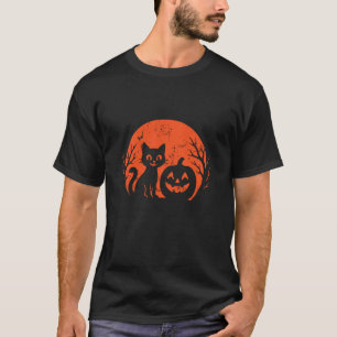 Schwarze Katze und Kürbis Halloween Mond T-Shirt