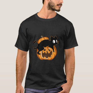 Schwarze Katze und Kürbis Halloween T-Shirt
