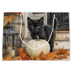 Schwarze Katze und Kürbisfarmhaus Halloween Große Geschenktüte