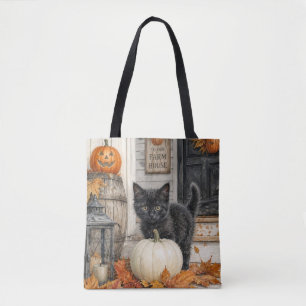 Schwarze Katze und Kürbisfarmhaus Halloween Tasche