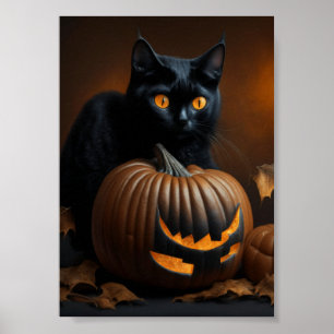 Schwarze Katze und Kürbislaterne Poster