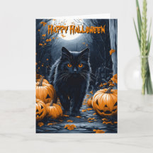 Schwarze Katze und Kürbiswald Halloween