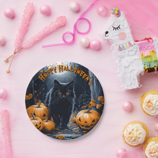 Schwarze Katze und Kürbiswald Halloween Pappteller (Party)