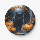 Schwarze Katze und Kürbiswald Halloween Pappteller (Vorderseite)