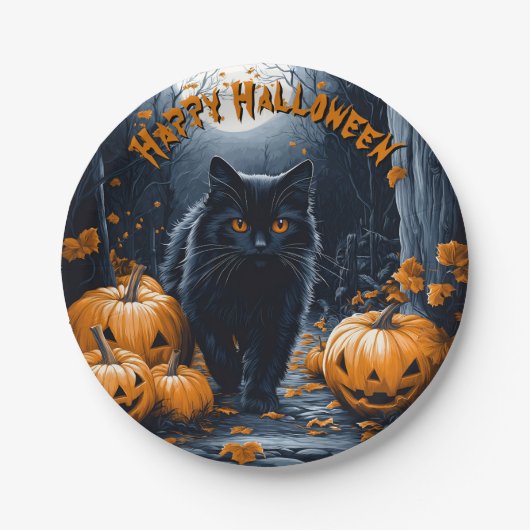 Schwarze Katze und Kürbiswald Halloween Pappteller (Vorderseite)