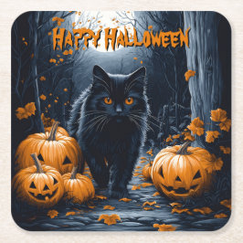 Schwarze Katze und Kürbiswald Halloween Rechteckiger Pappuntersetzer