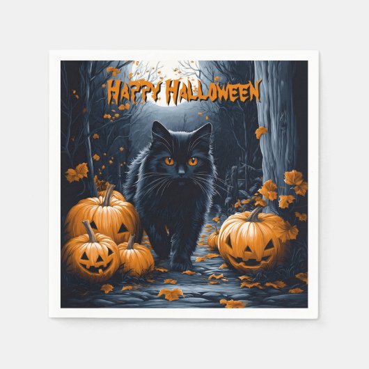 Schwarze Katze und Kürbiswald Halloween Serviette (Vorderseite)